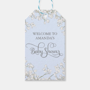 Simple Blue White Floral Script Boy Baby Shower Gift Tags