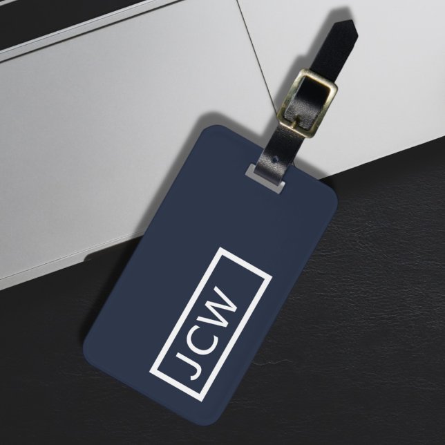 Simple Blue White Frame Bold Monogram Luggage Tag (Creator Uploaded)