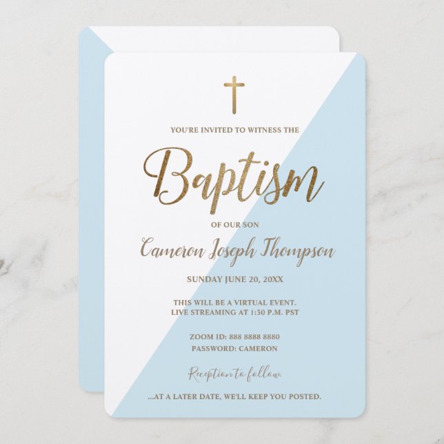Simple Blue White Gold Cross Virtual Baptism Invitation (Front/Back)