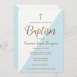 Simple Blue White Gold Cross Virtual Baptism Invitation