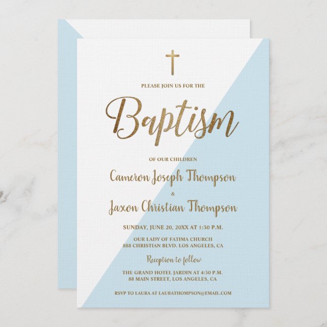 Simple Blue White Gold Modern Baptism Invitation (Front/Back)