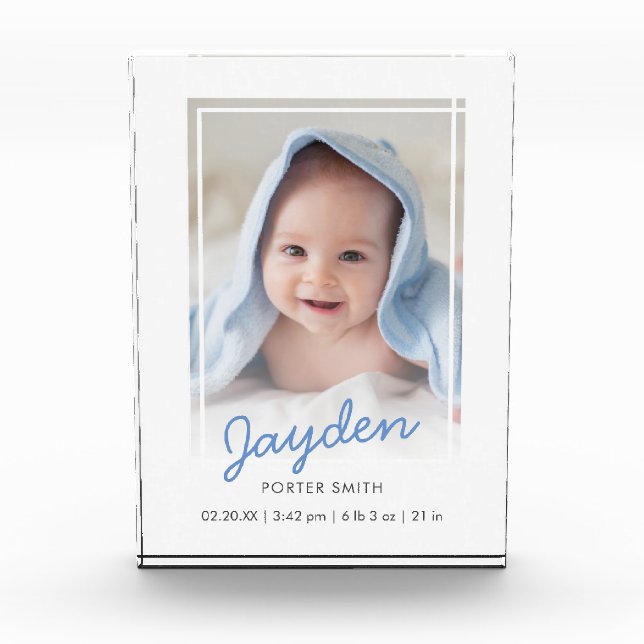 Simple Blue White Gradient Baby Birth Keepsake Photo Block (Front)