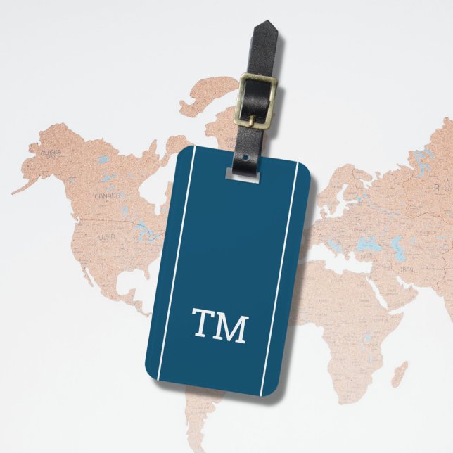 Simple Blue White Lines Bold Monogram Luggage Tag (Creator Uploaded)