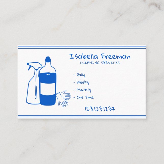 Simple Blue & White Maid House Cleaning Business Card (Front)