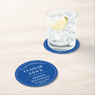 Simple Blue & White Modern 2025 Graduation  Round Paper Coaster