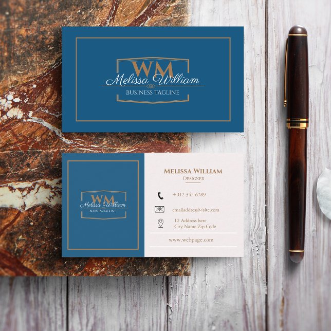 Simple Blue White Monogram Business Card (Creator Uploaded)