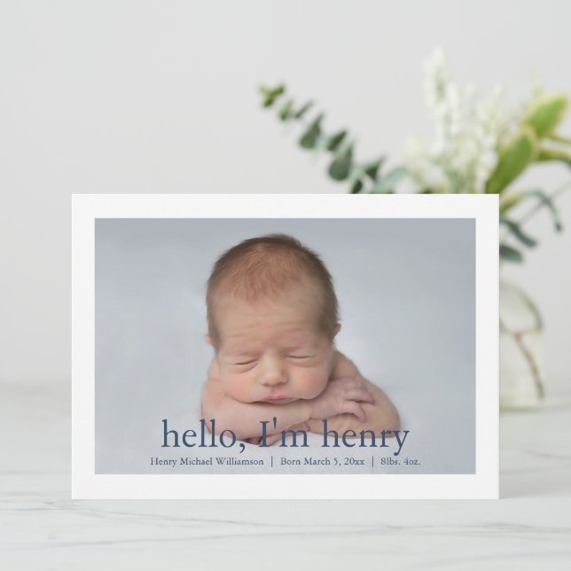 Simple Blue White Photo Birth Announcement (Standing Front)