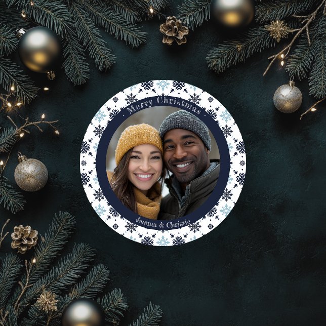 Simple Blue White Snowflake Christmas Photo Card (Round Christmas Blue and White Snowflake Photo Holiday Card)
