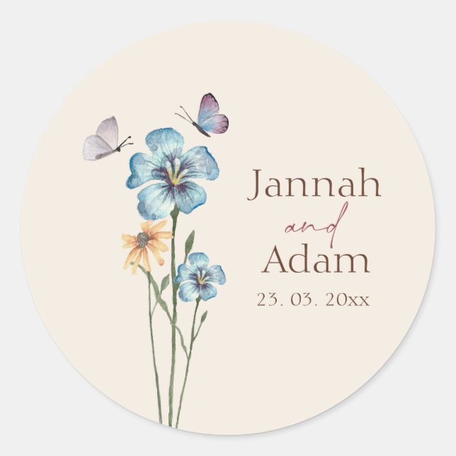 Simple Blue Wildflower Butterflies Floral Wedding Classic Round Sticker (Front)