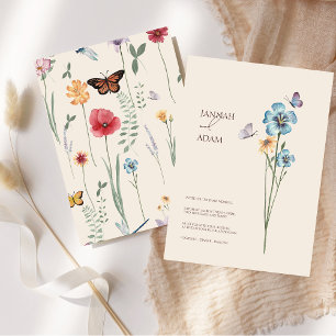 Simple Blue Wildflower Butterflies Floral Wedding Invitation