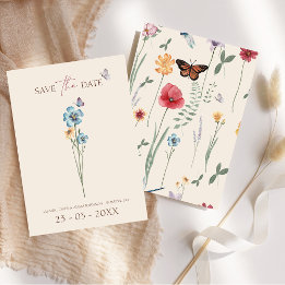 Simple Blue Wildflower Butterfly Floral Wedding  Save The Date
