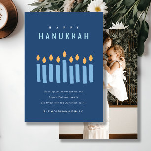 Simple Blue Yellow Candles Happy Hanukkah Photo Holiday Card