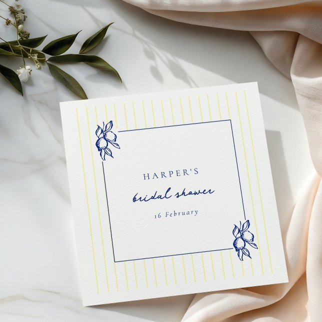 Simple Blue & Yellow Doodle Lemons Bridal Shower Napkin (Creator Uploaded)