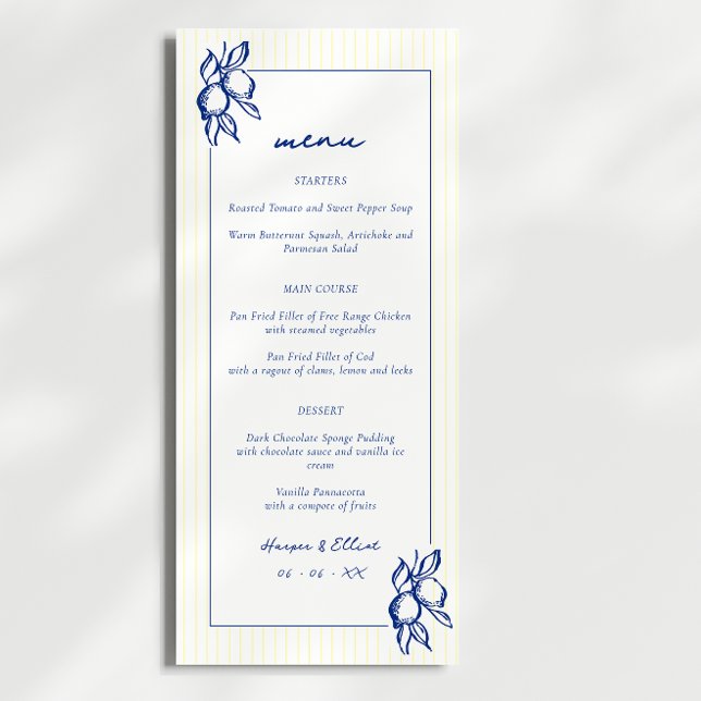 Simple Blue & Yellow Doodle Lemons Wedding Menu (Creator Uploaded)