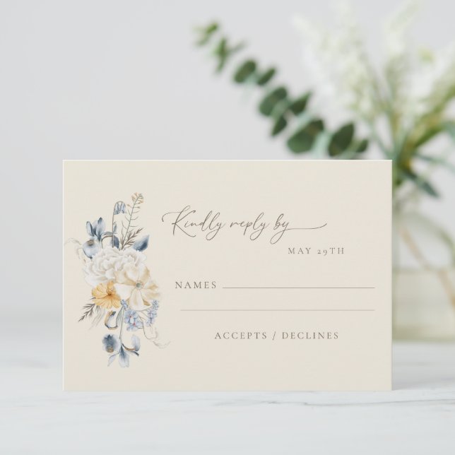 Simple Blue Yellow Floral Minimalist Wedding  RSVP Card (Standing Front)