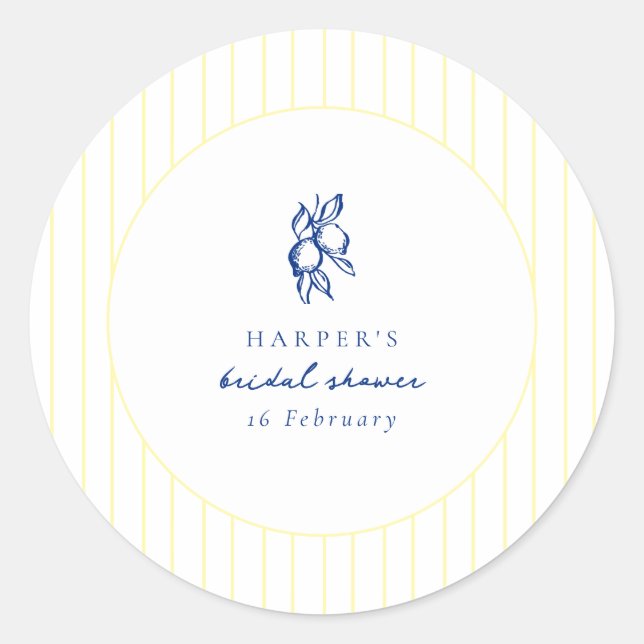 Simple Blue & Yellow Lemons Bridal Shower Favour Classic Round Sticker (Front)