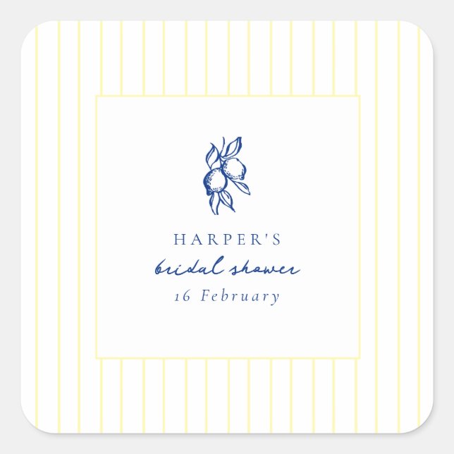 Simple Blue & Yellow Lemons Bridal Shower Favour Square Sticker (Front)