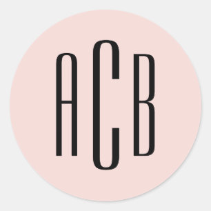Simple Blush and Black Three Letter Monogram Classic Round Sticker