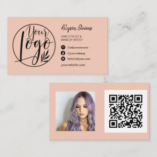 Simple blush peach hair makeup photo logo qr code business card