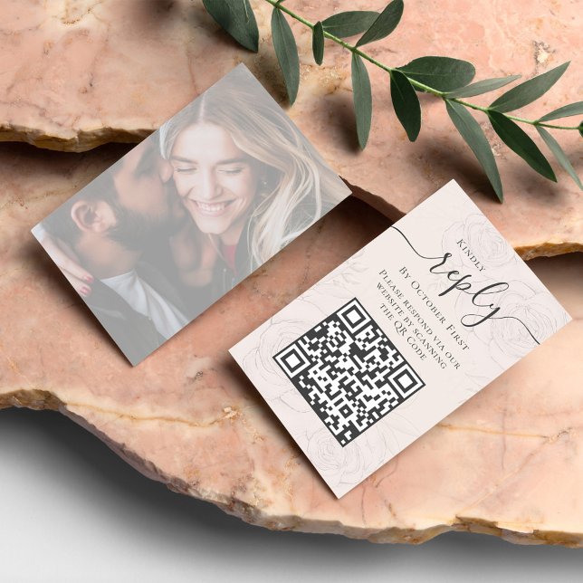 Simple Blush Photo Calligraphy Reply QR Code Enclosure Card (Wedding reply enclosure card with an elegant floral transparent background.)