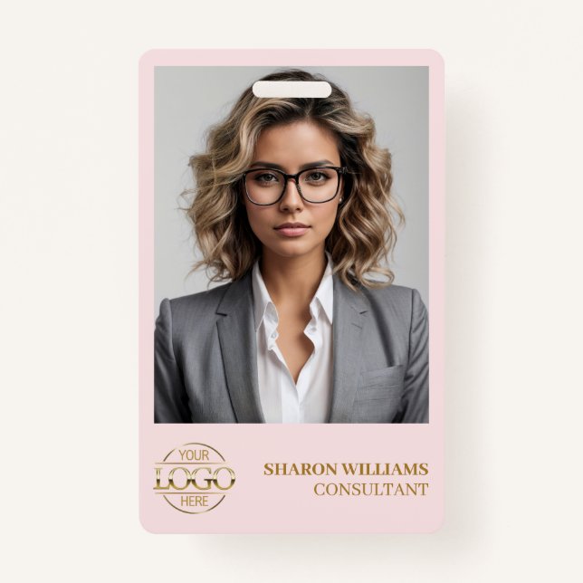 Simple Blush Pink Employee Photo & Company Logo ID Badge (Front)