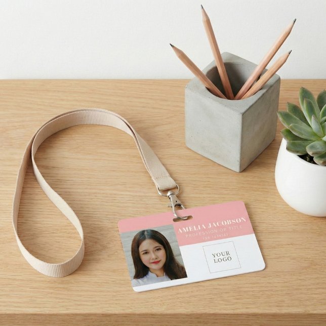 Simple Blush Pink Employee Photo ID Logo Barcode  ID Badge (Creator Uploaded)