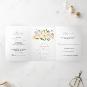 Simple Blush Pink Floral Elegant Wedding Tri-Fold Invitation