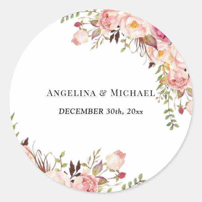 Simple Blush Pink Floral Wedding Classic Round Sticker (Front)
