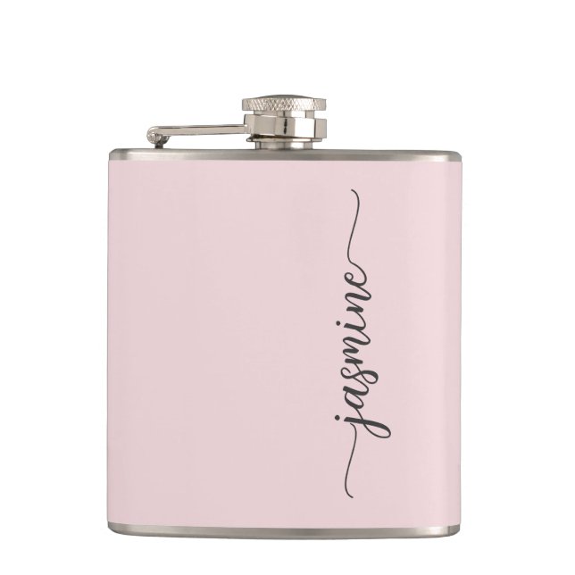 Simple Blush Pink Girly Monogram Name Signature Fl Hip Flask (Front)