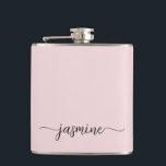 Simple Blush Pink Girly Monogram Name Signature Hip Flask<br><div class="desc">Girly Minimalist Simple Blush Pink Monogram Name Signature Script Custom Personalised Flask. These design featuring your first name in a pretty hand lettered style swash tail font signature typography on pastel blush pink or dusty pink background. These are easy to customise it. Great stylish feminine bachelorette party gift, housewarming gift,...</div>