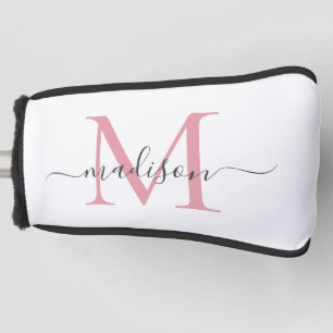 Simple Blush Pink Gray Monogram Feminine Script Golf Head Cover