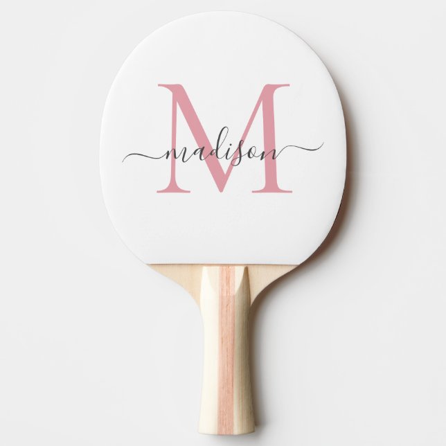 Simple Blush Pink Grey Monogram Feminine Script Ping Pong Paddle (Front)