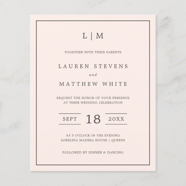 Simple Blush Pink Monogram Budget Wedding Invite (Front)