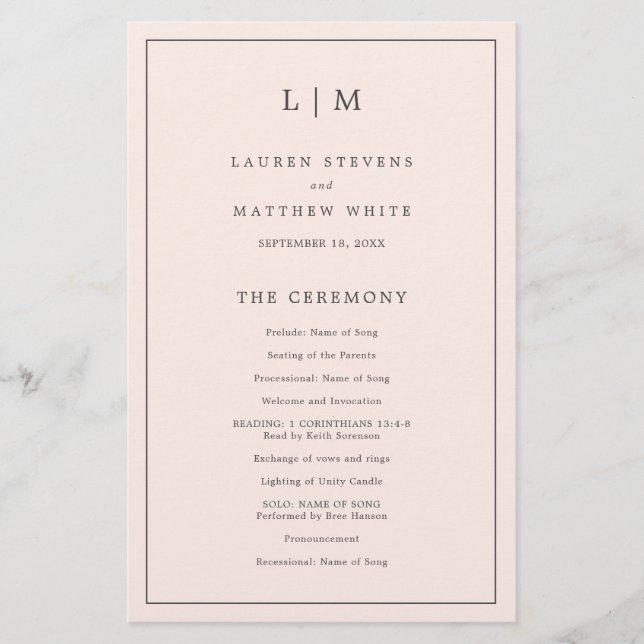 Simple Blush Pink Monogram Elegant Wedding Program (Front)