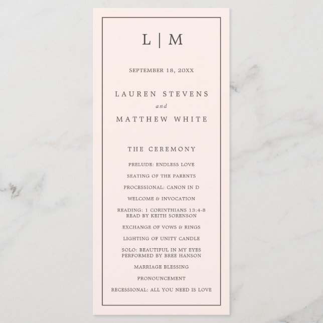 Simple Blush Pink Monogram Elegant Wedding Program (Front)