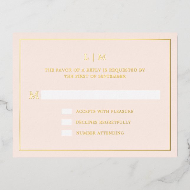 Simple Blush Pink Monogram Elegant Wedding RSVP Foil Invitation Postcard (Front)