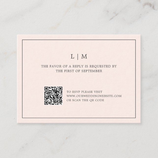 Simple Blush Pink Monogram QR Code Wedding RSVP Card (Front)