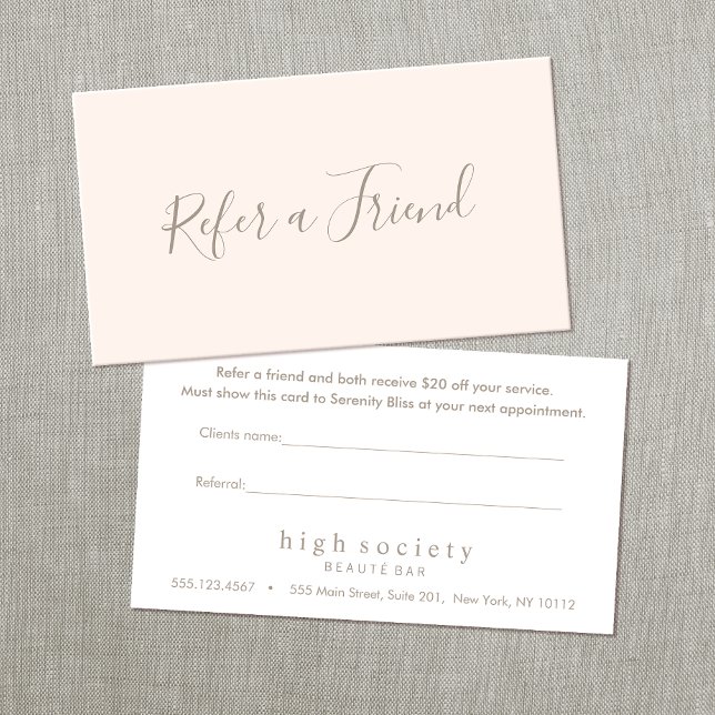 Simple Blush Pink Script Refer a Friend Loyalty Card (Creator Uploaded)