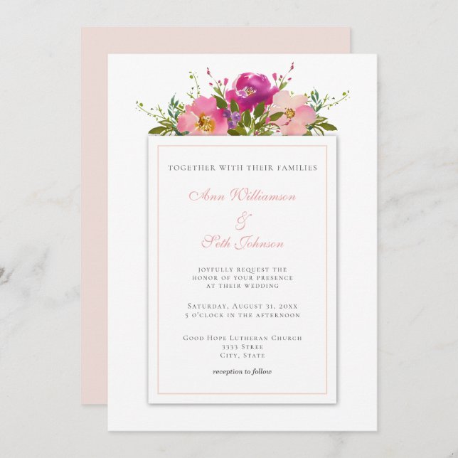 Simple Blush Pink Watercolor Bouquet Wedding Invitation (Front/Back)