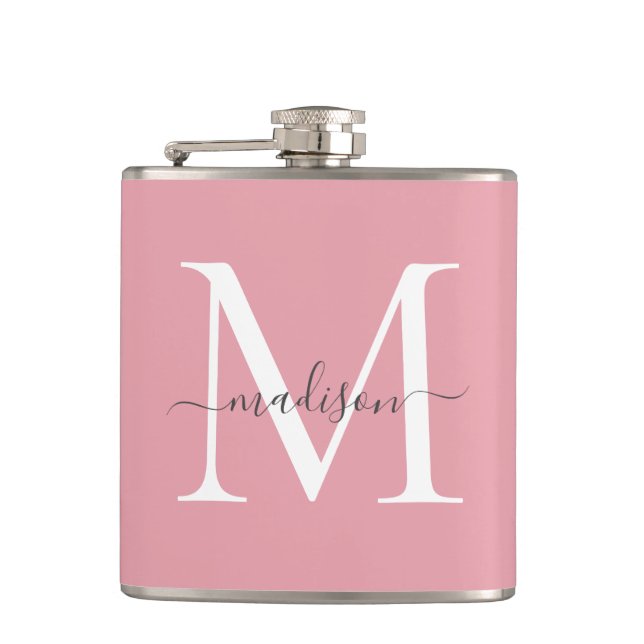 Simple Blush Pink White Grey Monogram Script Name Hip Flask (Front)
