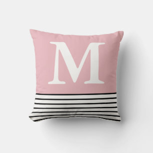 Simple Blush Pink With B/W Stripes Monogrammed  Cushion