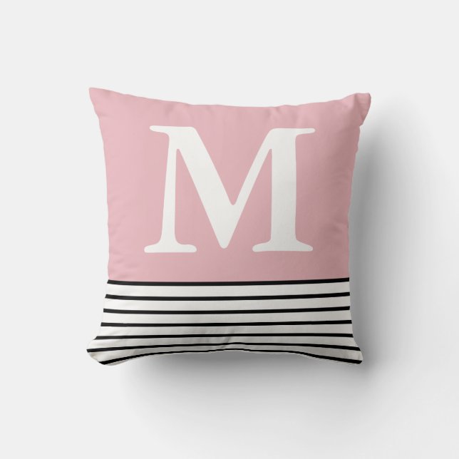 Simple Blush Pink With B/W Stripes Monogrammed  Cushion (Front)