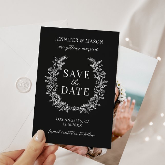 Simple bohemian black floral Save the Date photo Invitation (Creator Uploaded)