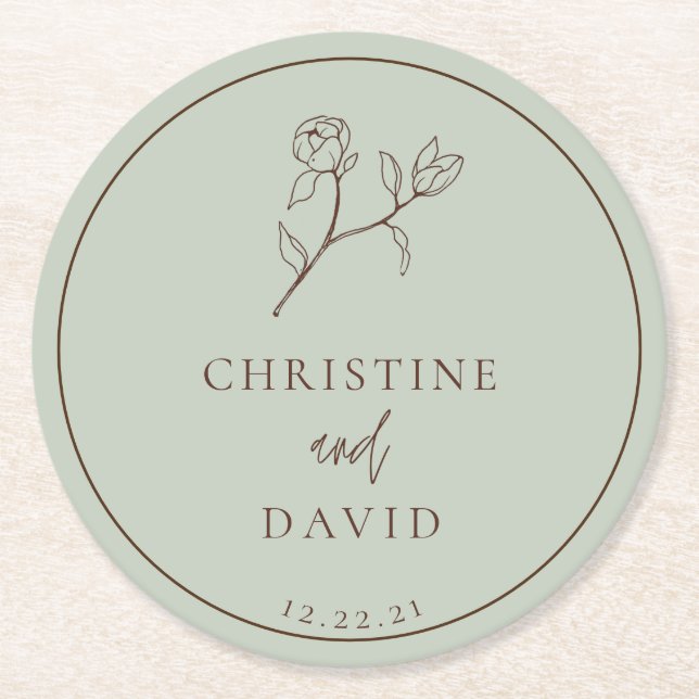 Simple Bohemian Wedding floral sage green Round Paper Coaster (Front)