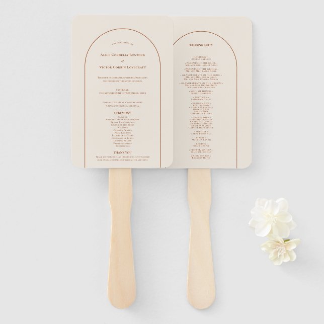 Simple Boho Arch Ivory Wedding Program Hand Fan (Front and Back)