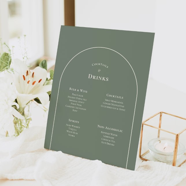 Simple Boho Arch Sage Green Wedding Drinks Menu Pedestal Sign (Creator Uploaded)