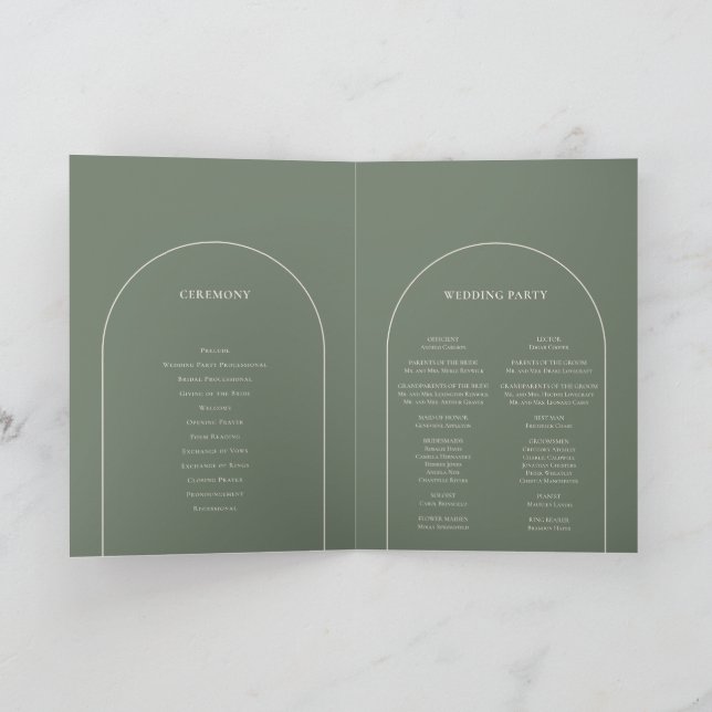 Simple Boho Arch Sage Green Wedding Folded Program (Inside)
