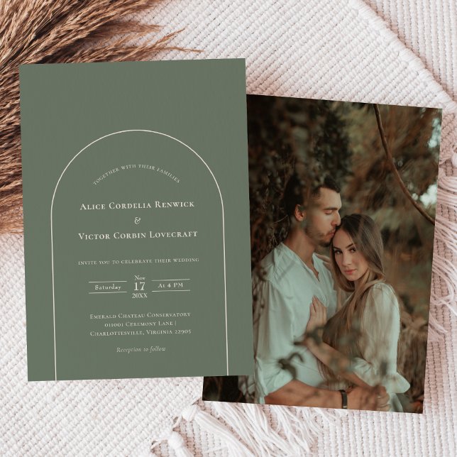 Simple Boho Arch Sage Green Wedding Photo Invitation (Creator Uploaded)