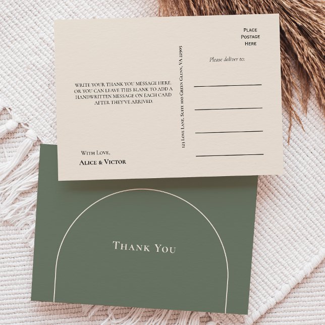 Simple Boho Arch Sage Green Wedding Thank You Postcard (Creator Uploaded)