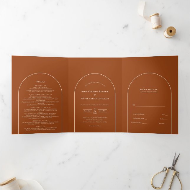 Simple Boho Arch Terracotta Wedding Tri-Fold Invitation (Inside)